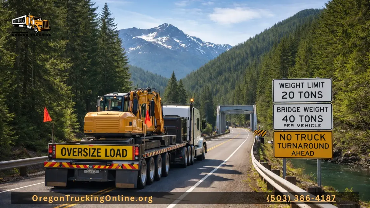 Oversize load semi-truck approaching a weight-restricted bridge on a scenic Oregon highway surrounded by forests and mountain