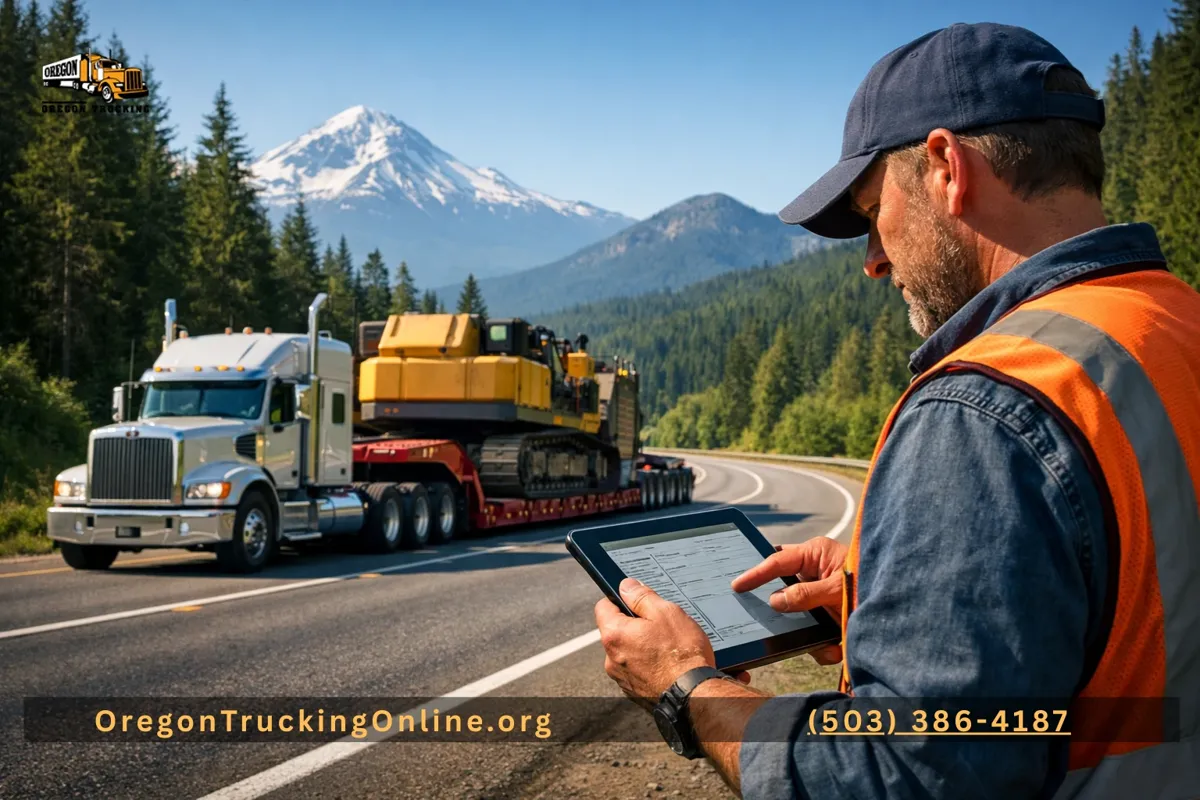 Truck driver reviewing overweight permit beside semi-truck in Oregon.