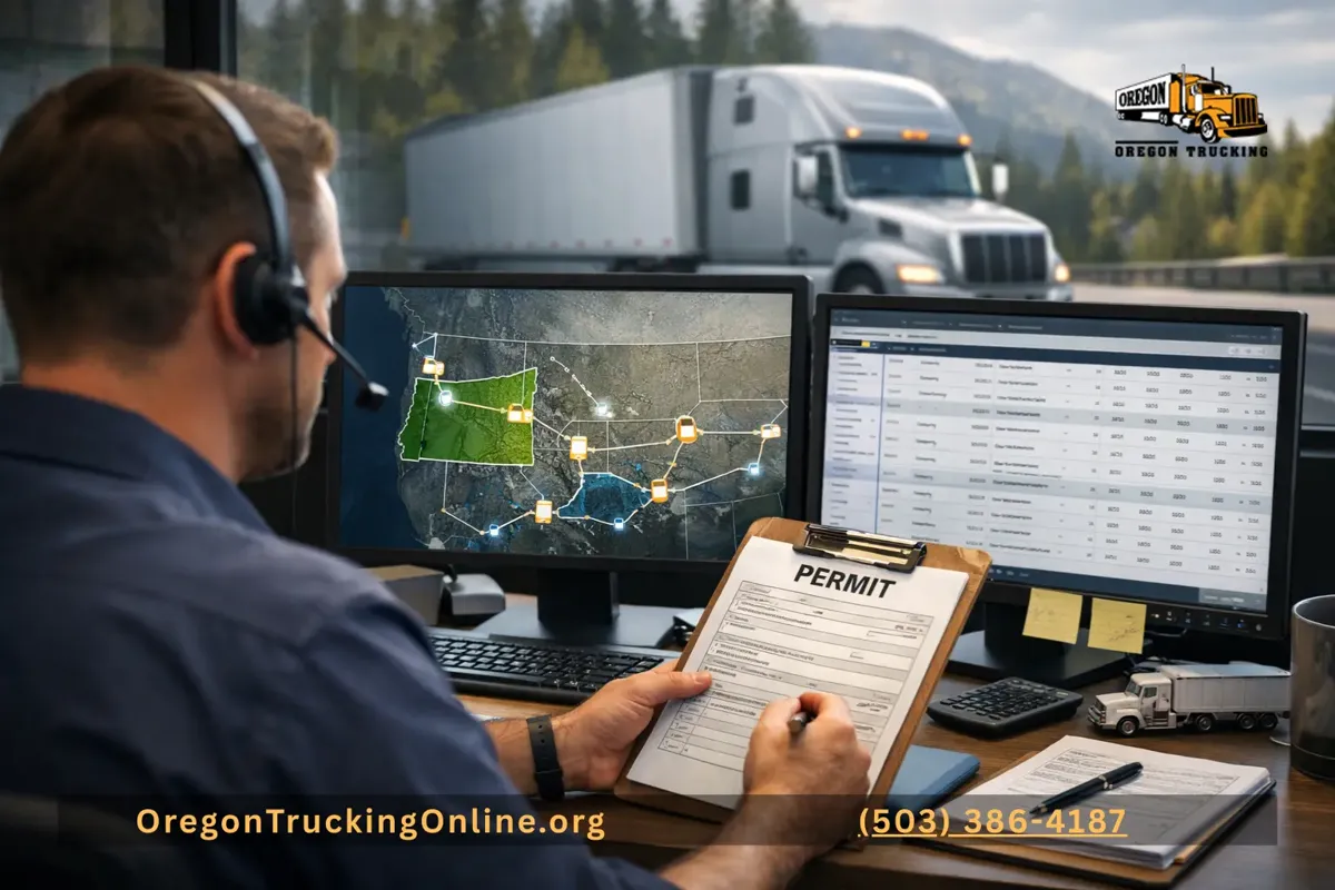 Dispatcher planning Oregon trucking routes on a digital map.