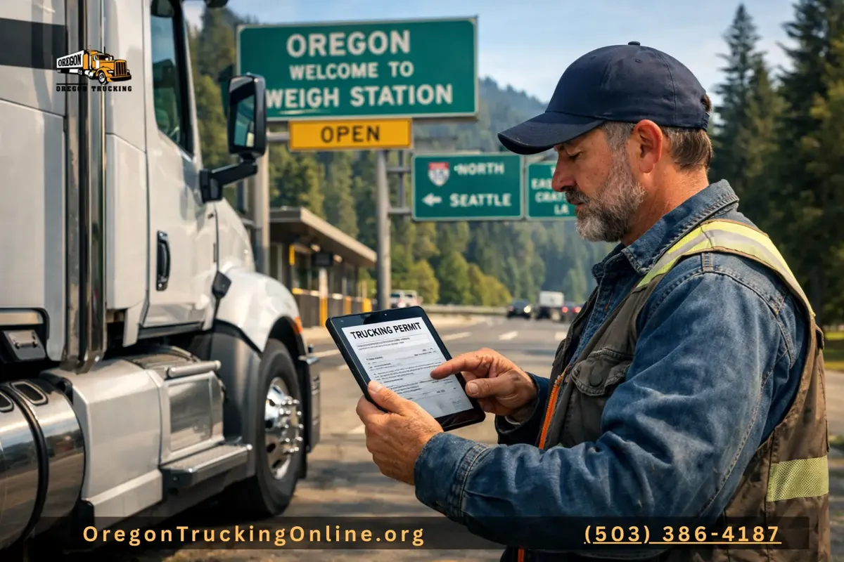 Truck driver checking Oregon permit on tablet beside semi truck at weigh station.