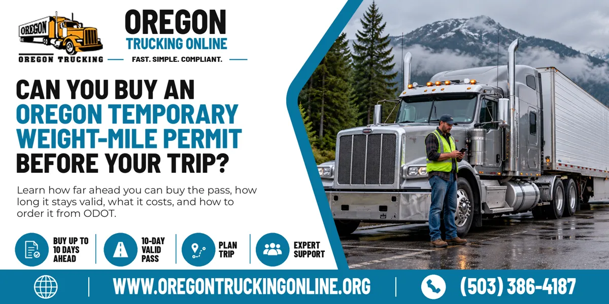 Truck driver checking his Oregon Temporary Weight-Mile Permit on his phone at an Oregon truck stop