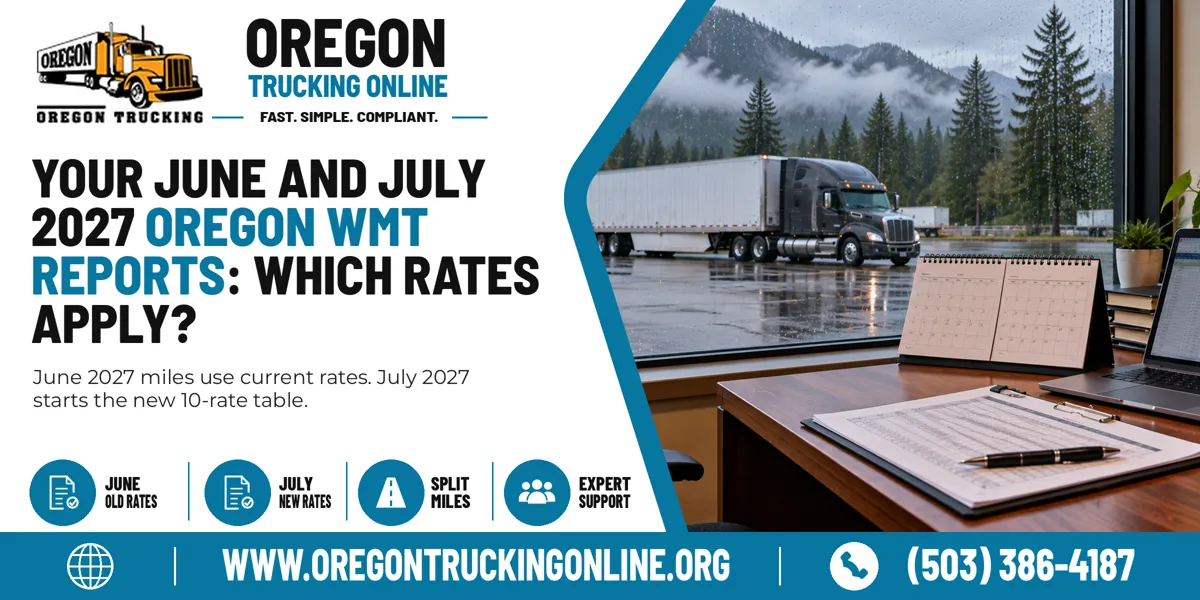 Oregon Weight-Mile Tax Report for June and July 2027 on a trucking office desk